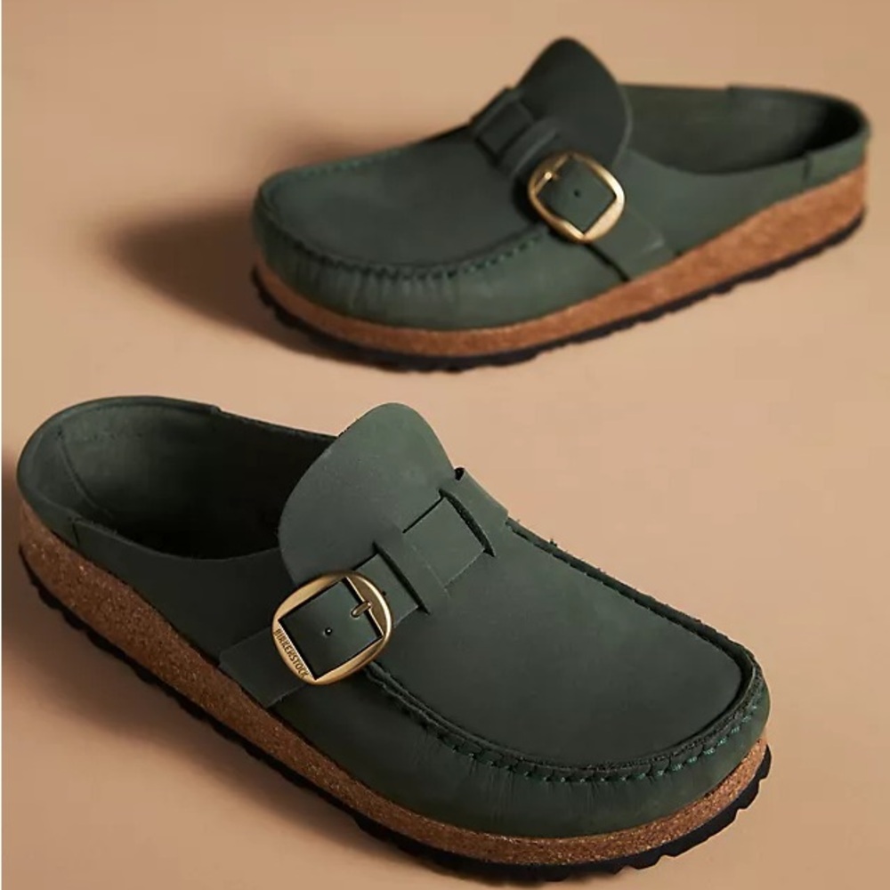 Birkenstock Buckley Green Mules with Gold Buckle
